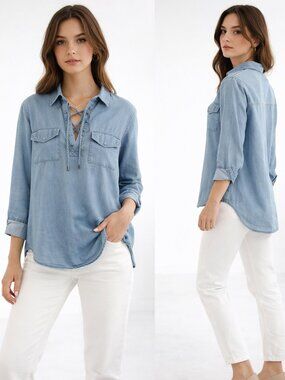 Rails Women's Selena Medium Vintage Chambray Lace-Up V-Neck Shirt Blouse Size XS